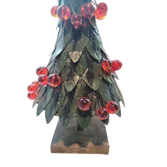 VTG Tabletop Metal Christmas Tree Holly Berries Star Rustic Weighted 14" Green - Picture 2 of 11